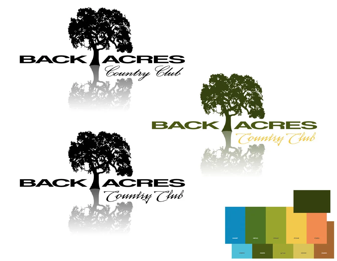 Back Acres Country Club logo lockups with the brand color palette