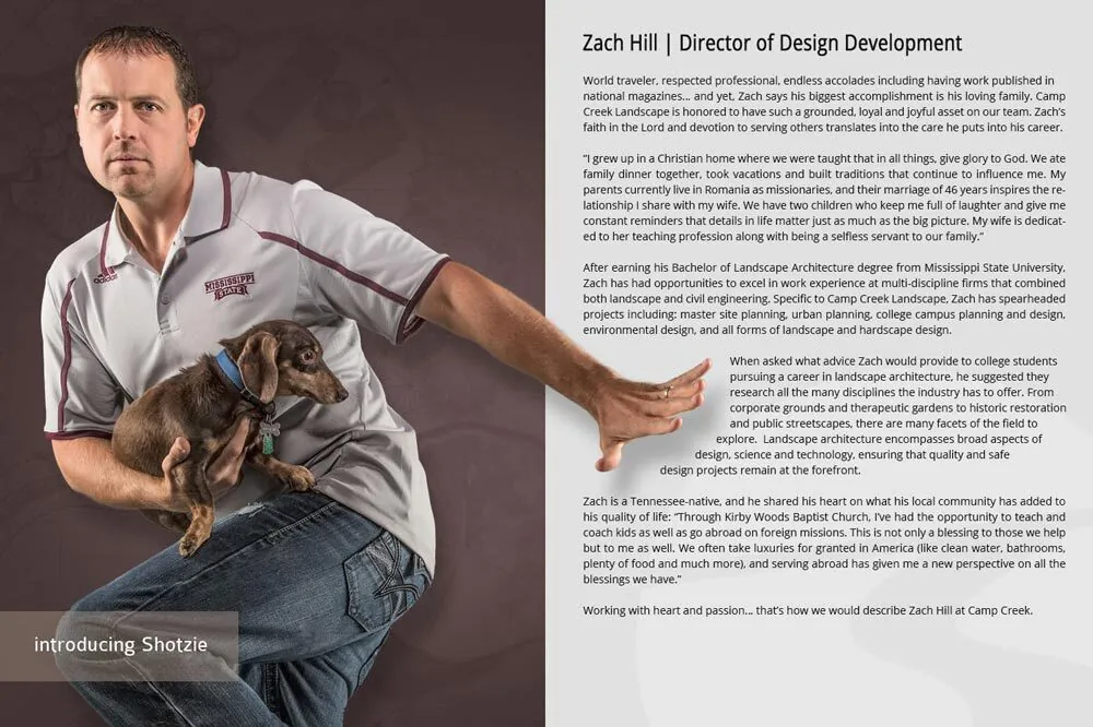 Team portrait layout for a Camp Creek designer