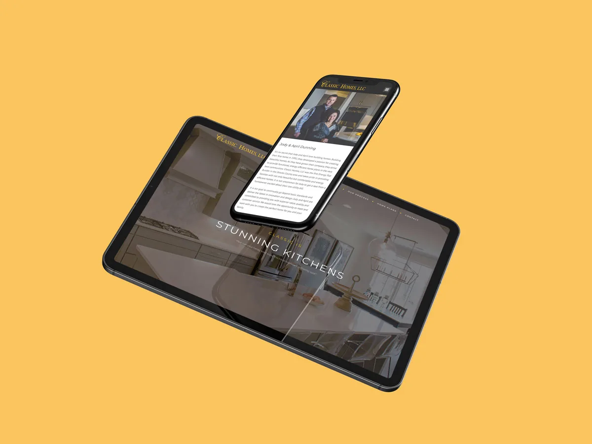 Classic Homes website on a tablet and phone over a yellow background