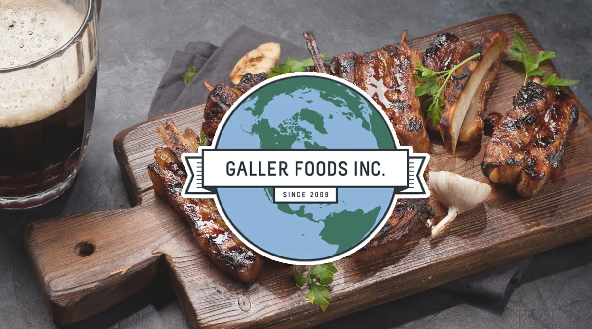 Galler Foods globe logo over a board of grilled ribs