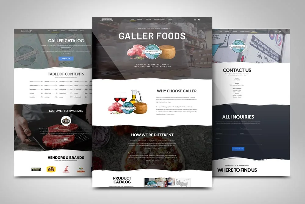 Galler Foods website pages including the catalog, why choose Galler and contact