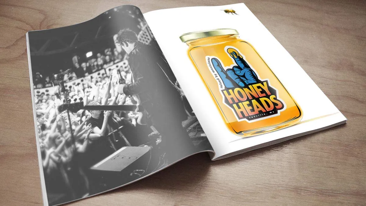 Magazine spread pairing a concert photo with a Honey Heads honey jar