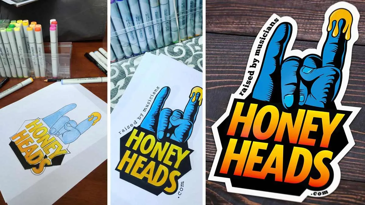 Marker sketches of the Honey Heads rock-on hand logo