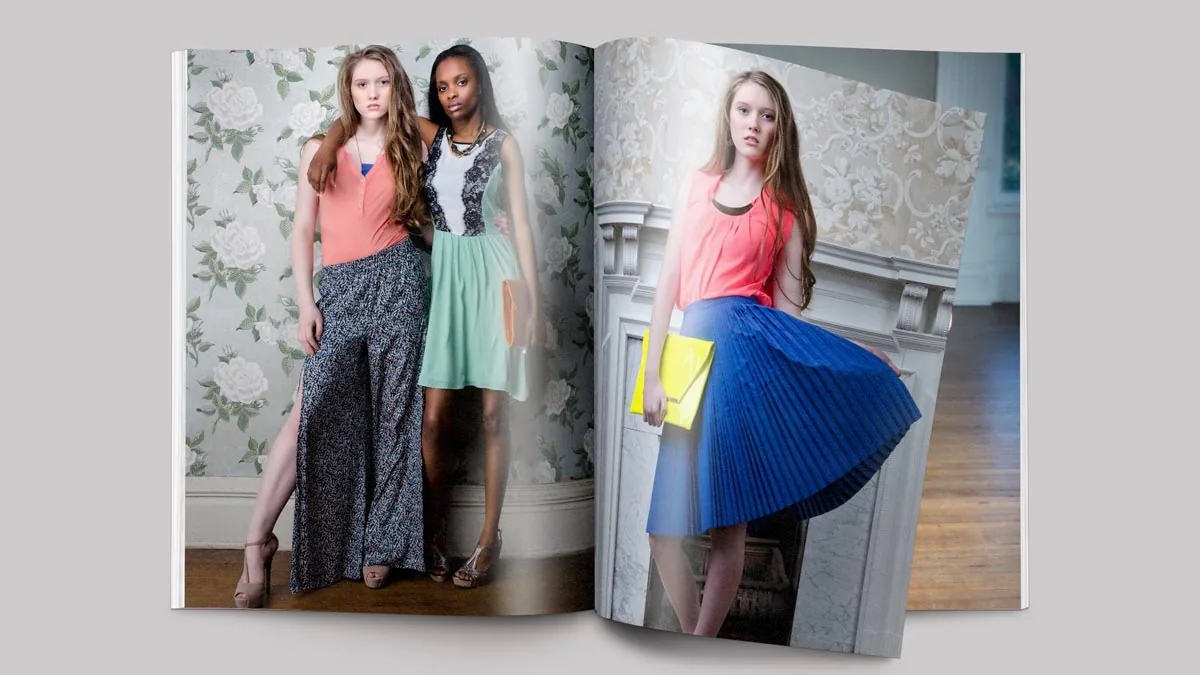 Magazine spread of three models in spring fashion