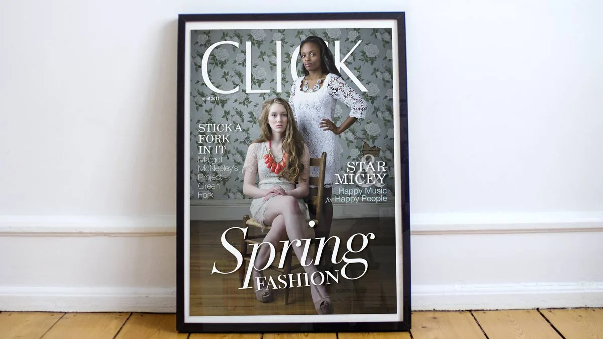 Framed spring fashion magazine cover leaning against a wall