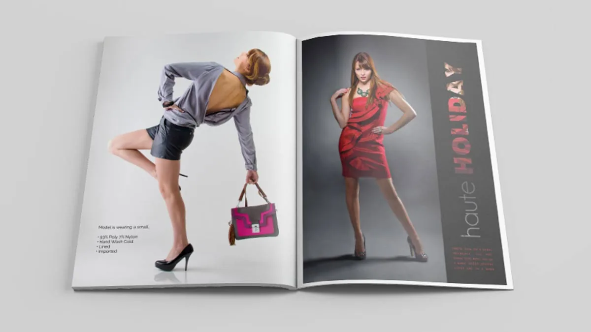 Open magazine spread with two fashion models