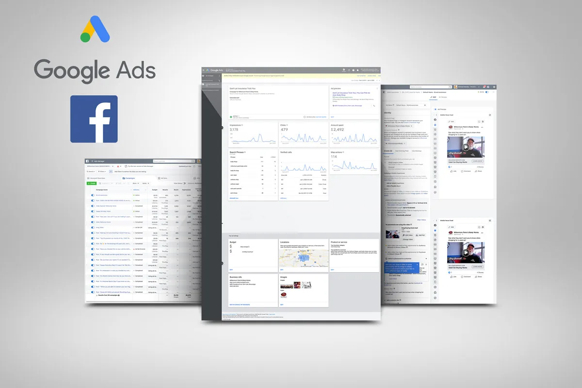 Google Ads and Facebook dashboards for the Millennium campaigns