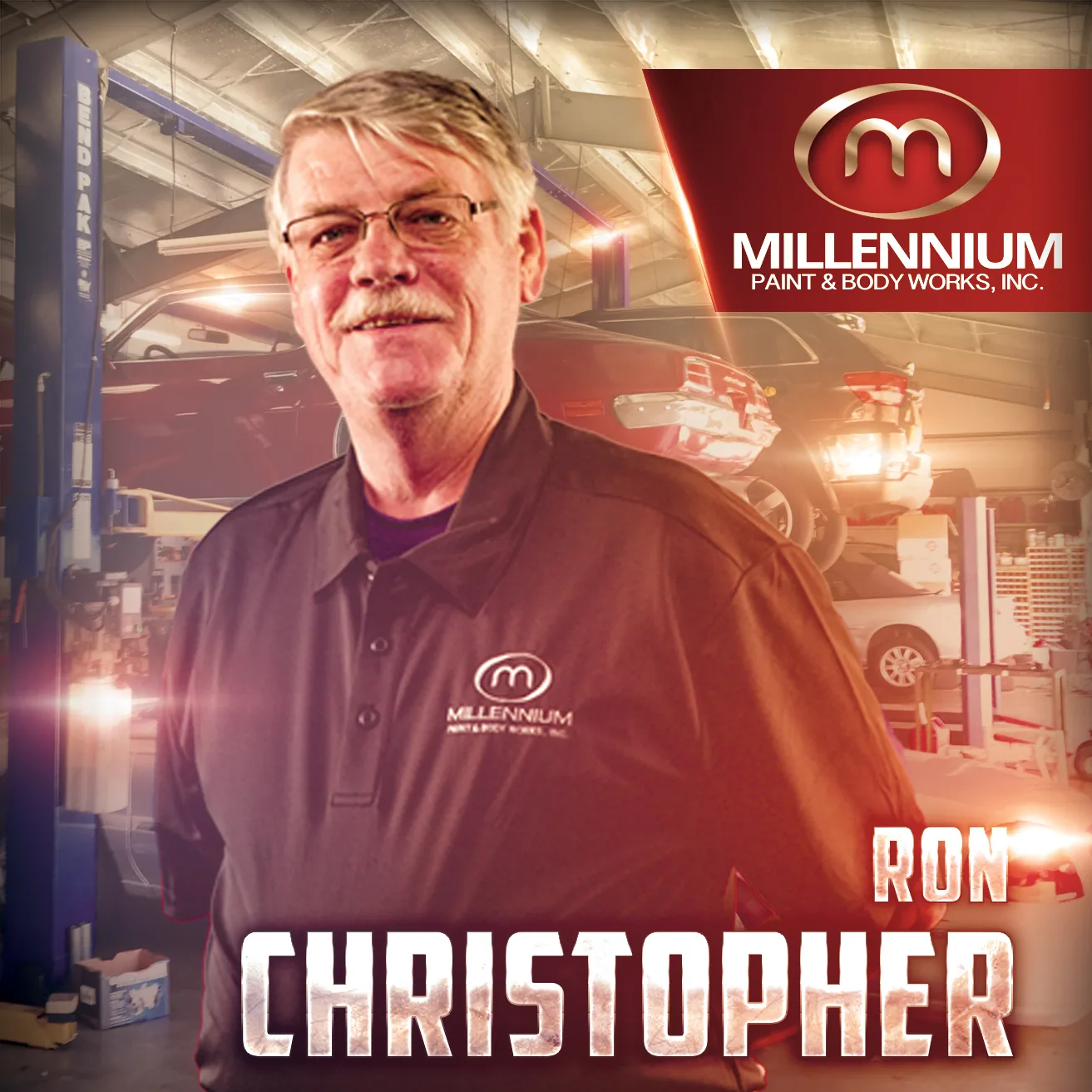 Ron Christopher of Millennium Paint & Body in the shop, styled like a movie poster