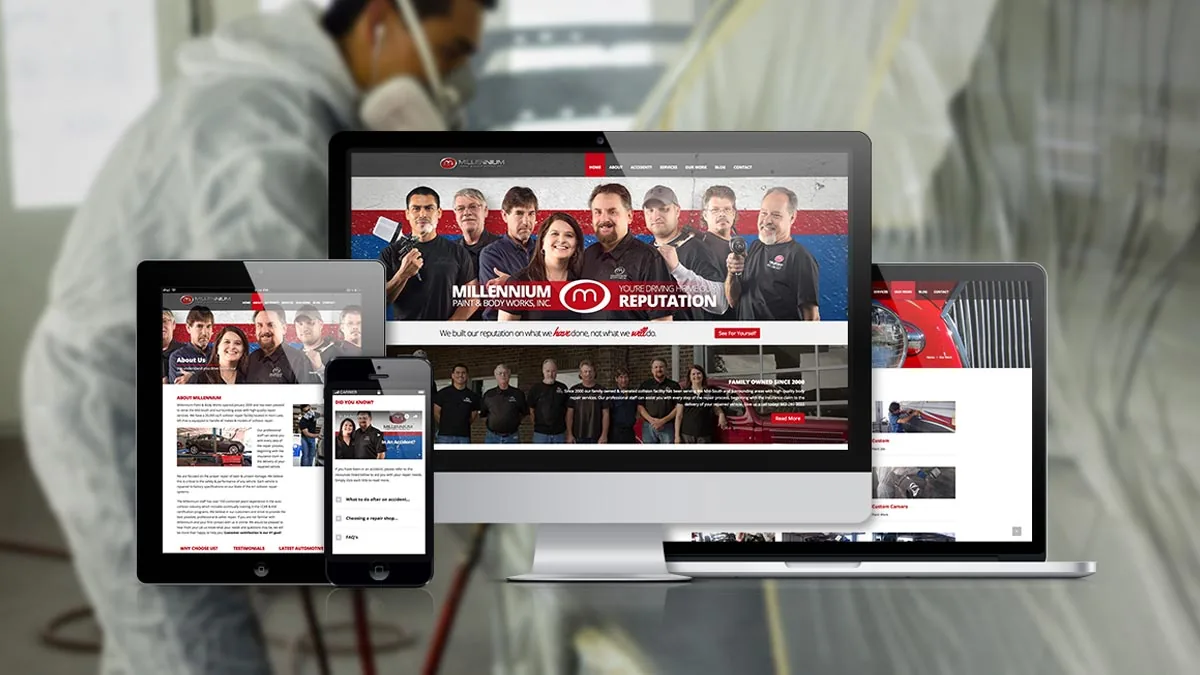 Millennium website on desktop, laptop, tablet and phone in front of a paint booth