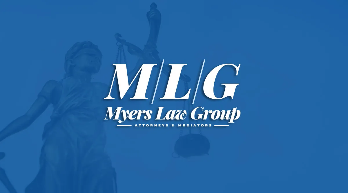 Myers Law Group M|L|G monogram logo over a blue Lady Justice background