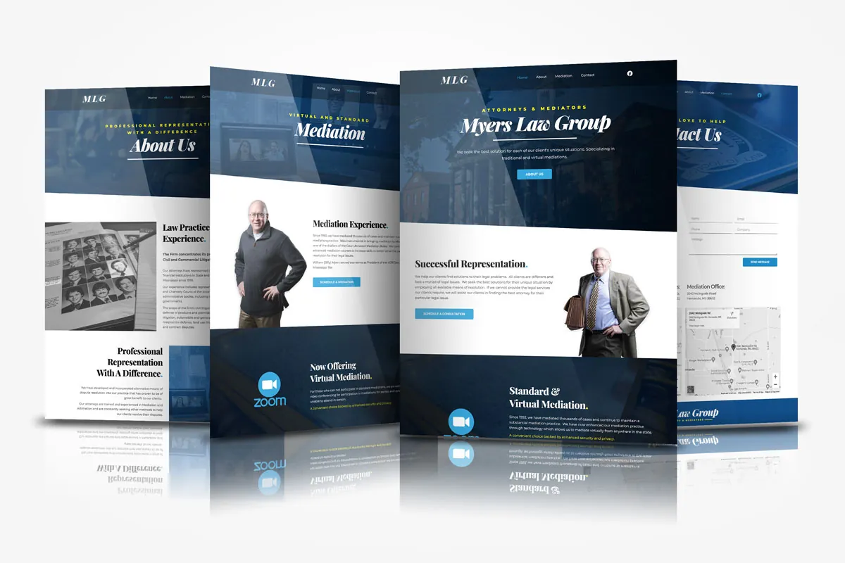 Myers Law Group website pages: home, about, mediation and contact