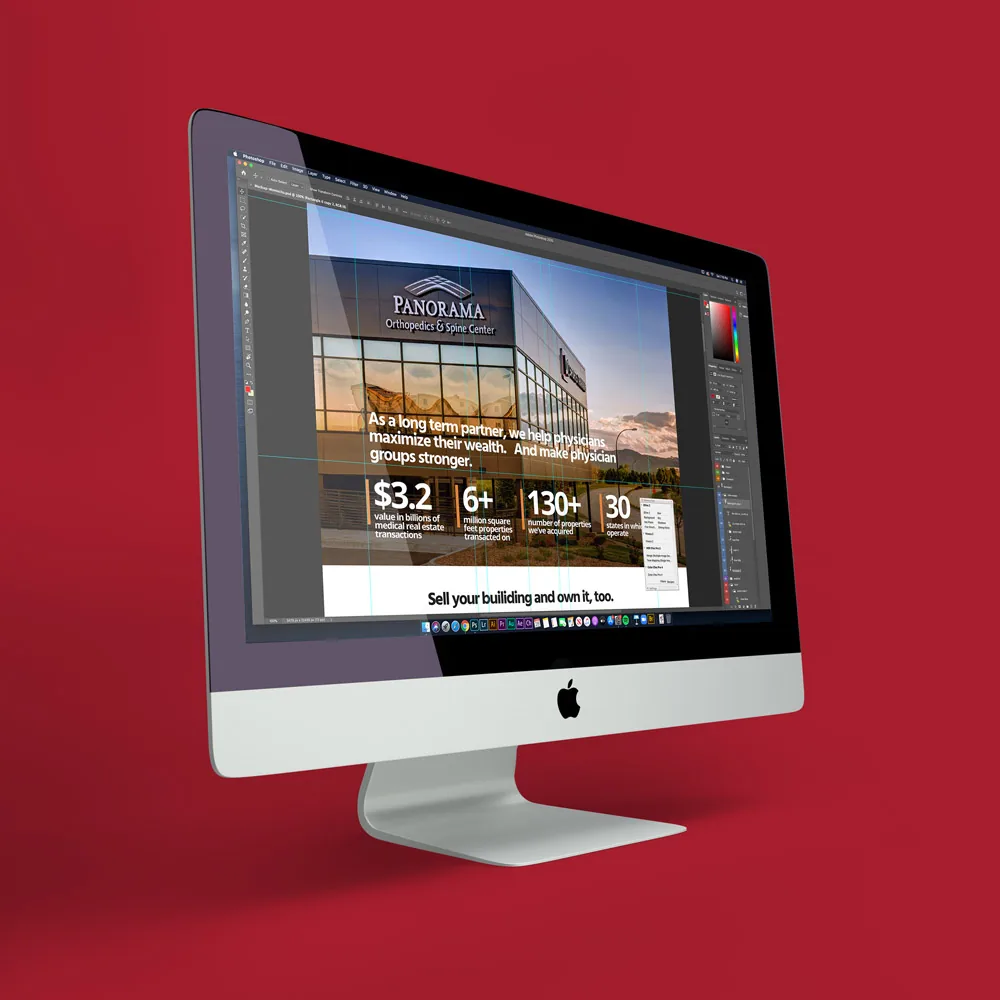 Montecito homepage design on an iMac against a red background