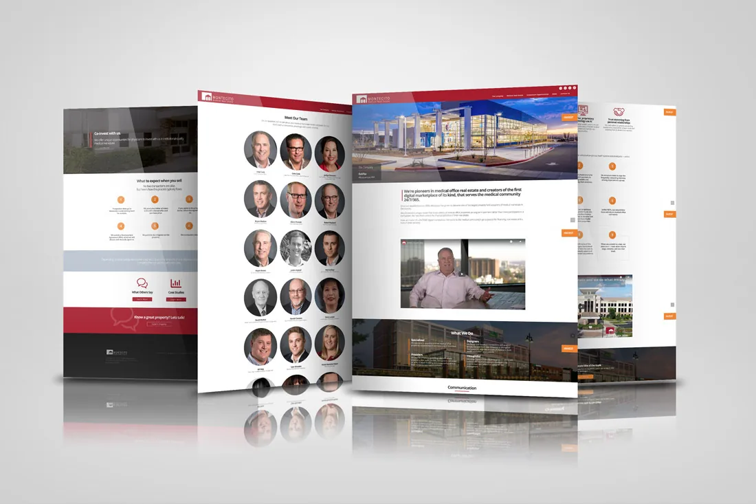 Montecito Medical website pages including team profiles and property listings