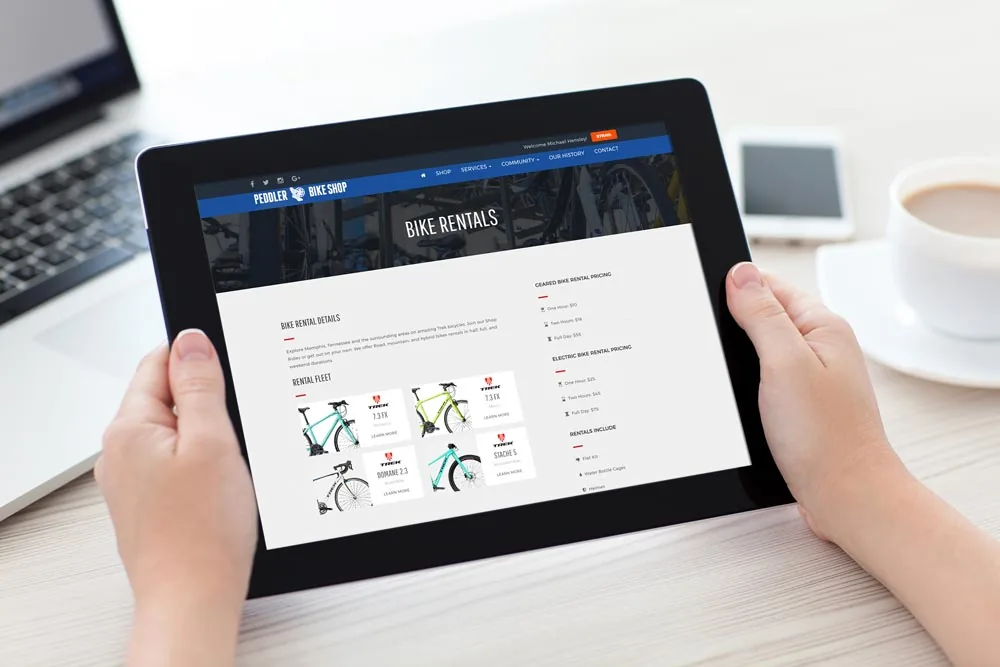 Peddler bike rentals page on a tablet