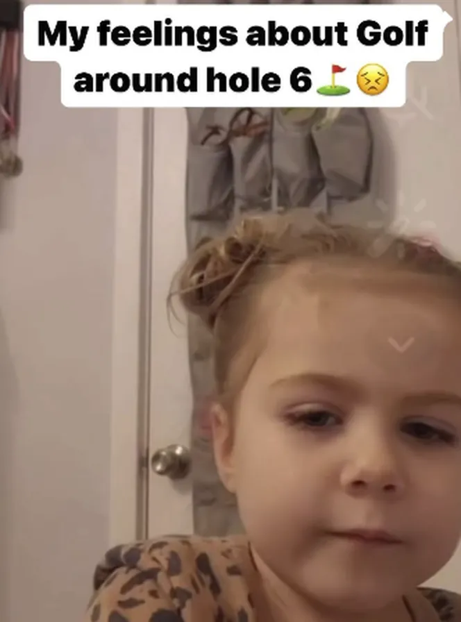 Reel still: a young girl with the caption “My feelings about golf around hole 6”