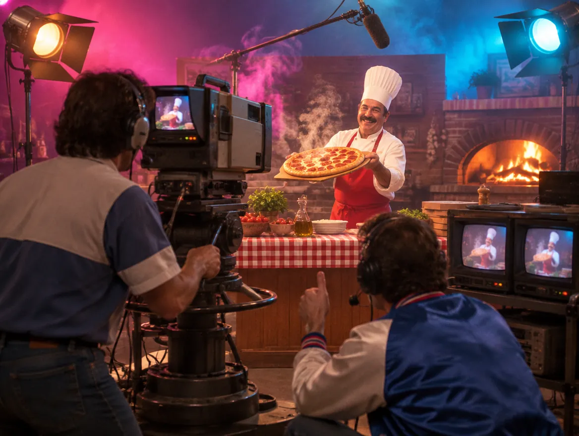 Behind the scenes of a TV commercial shoot as a pizza chef holds up a fresh pizza for the camera