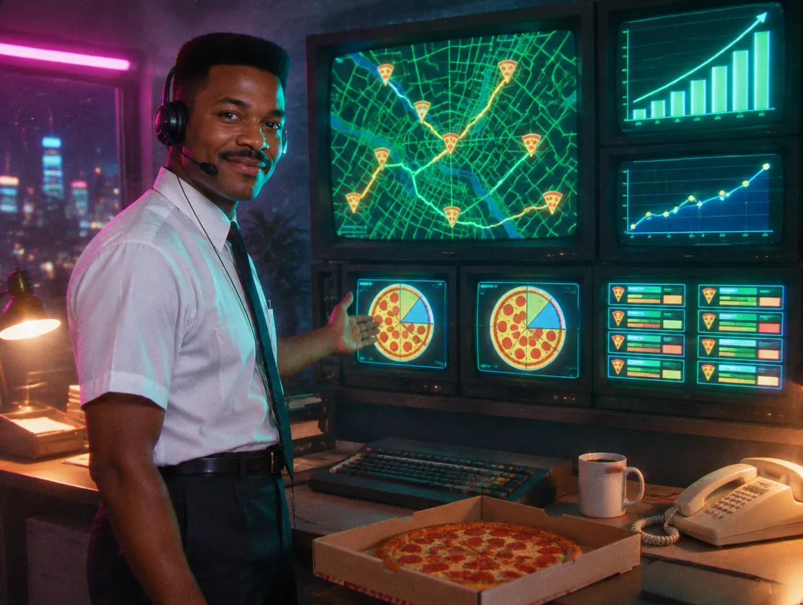 Smiling technician in a headset presenting monitors with a pizza delivery map and sales dashboards