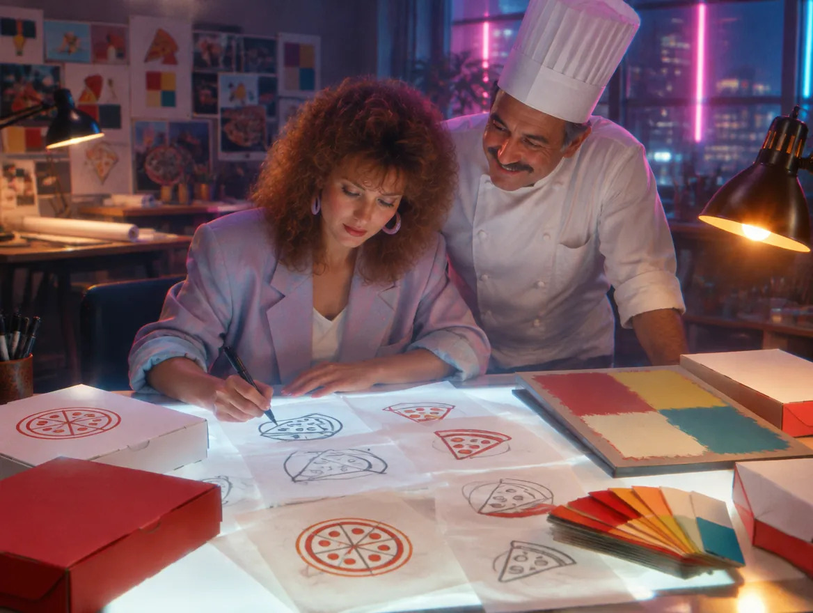 A designer sketching pizza logo concepts on a light table as a smiling pizza chef looks on
