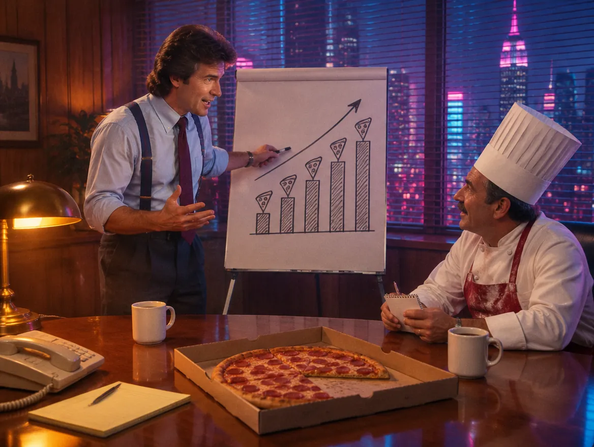 An ad executive pitching a pizza chef on a hand-drawn chart of rising pizza sales, with a pepperoni pizza on the desk