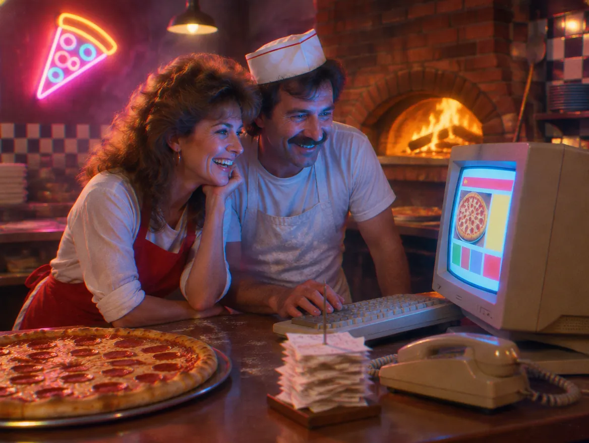 Pizzeria owners delighted by their new website on a retro computer at the counter