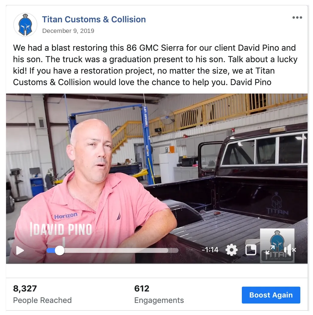 Titan Customs Facebook post of the GMC Sierra video showing 8,327 people reached and 612 engagements