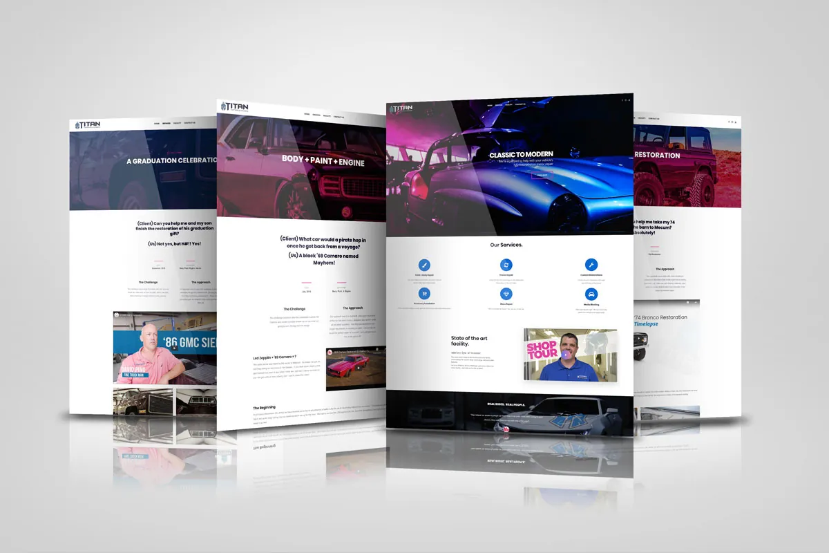 Titan Customs website pages including services, shop tour and restoration projects