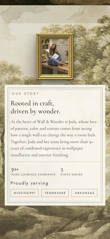 Wall & Wonder's Our Story section on a phone