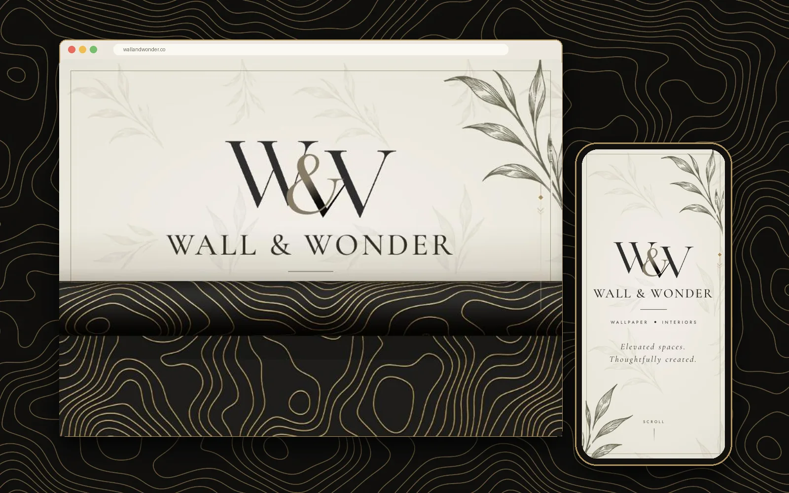 Wall & Wonder website on a desktop browser and a phone, over gold topographic wallpaper