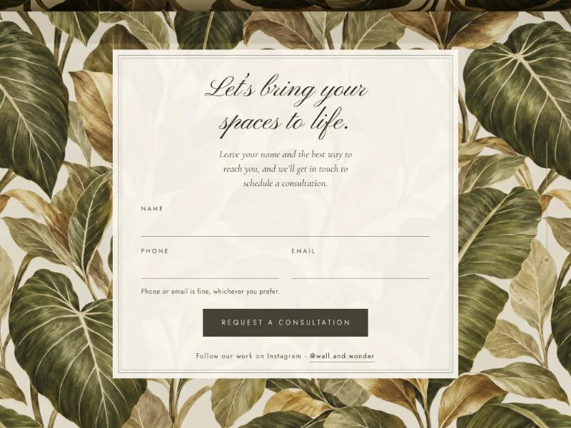 Consultation request form over botanical leaf wallpaper
