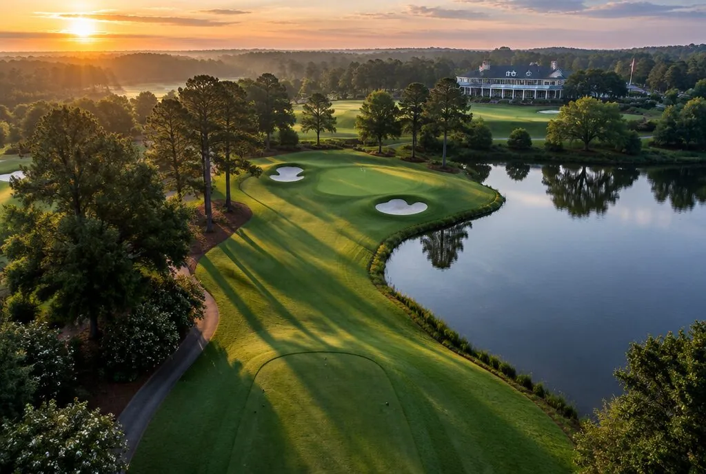Aerial view of a golf course hole at sunrise