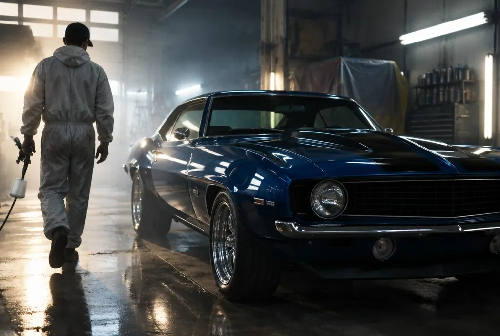 Freshly painted muscle car in a custom shop